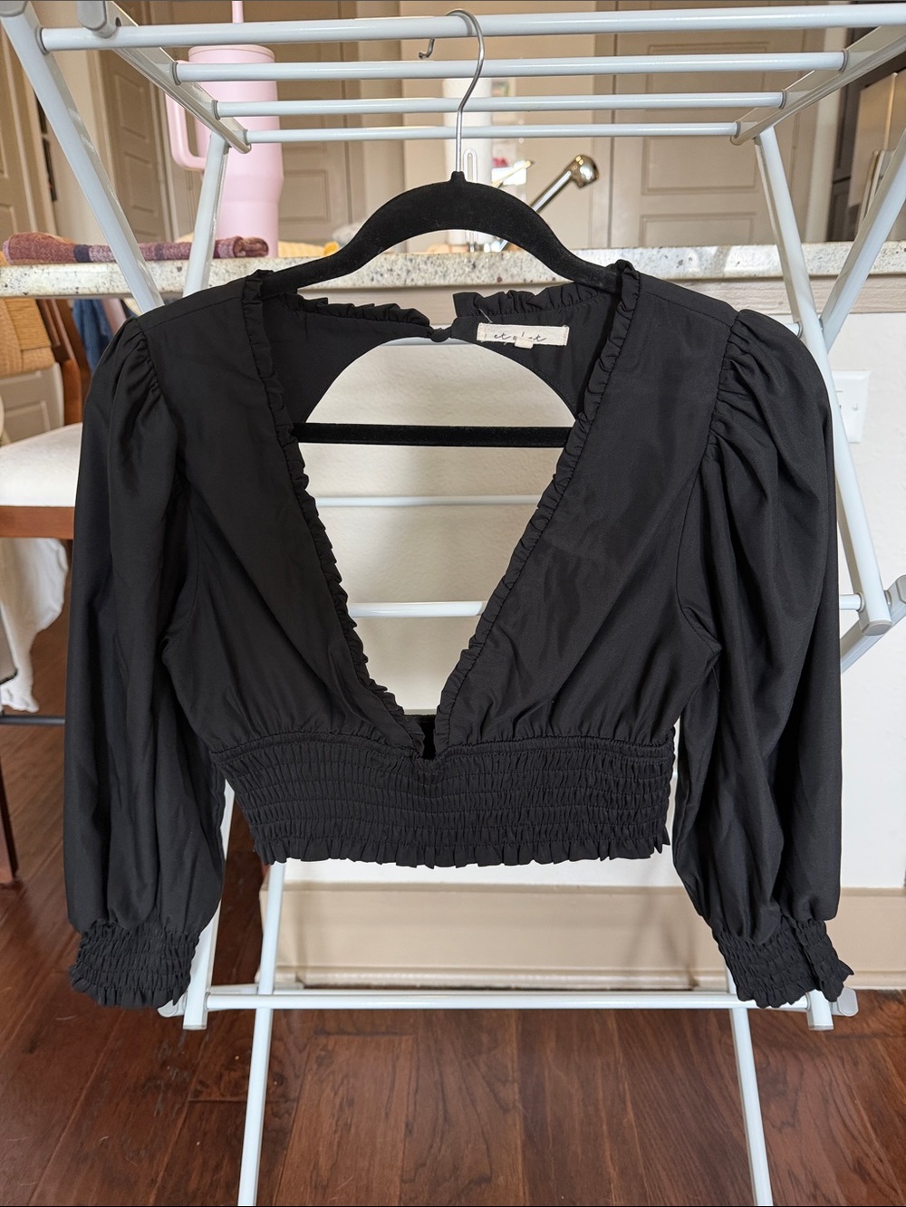 Black Deep V with open back cropped Long Sleeve Top